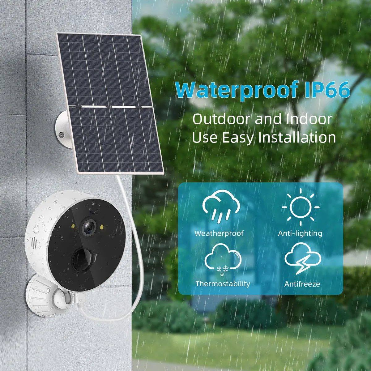 Outdoor solar-powered security camera and separate solar panel on a white background.