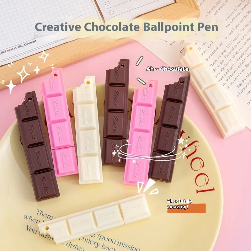 Chocolate bar themed novelty ballpoint pen with 0.5mm tip, shown in pink, beige, and brown refill colour options.