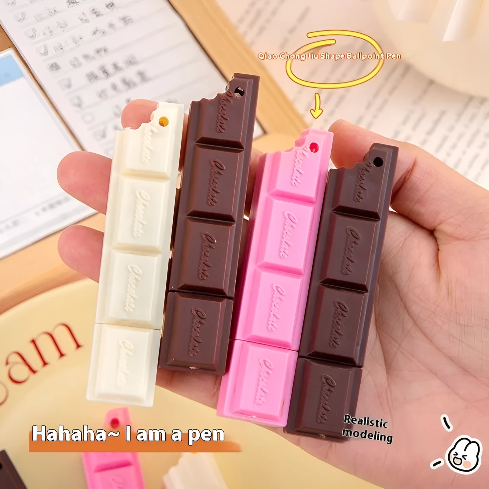 Chocolate bar themed novelty ballpoint pen with 0.5mm tip, shown in pink, beige, and brown refill colour options.