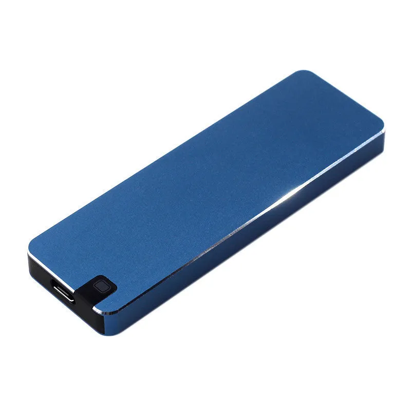 Silver portable metal-shell solid state hard drive with USB cable on a grey background.