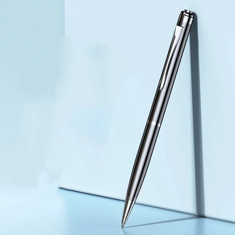 Black pen-shaped audio recorder with zinc alloy body, shown next to its included headset and data cable.