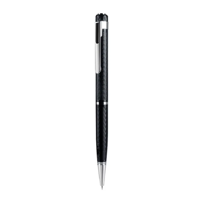 Black pen-shaped audio recorder with zinc alloy body, shown next to its included headset and data cable.
