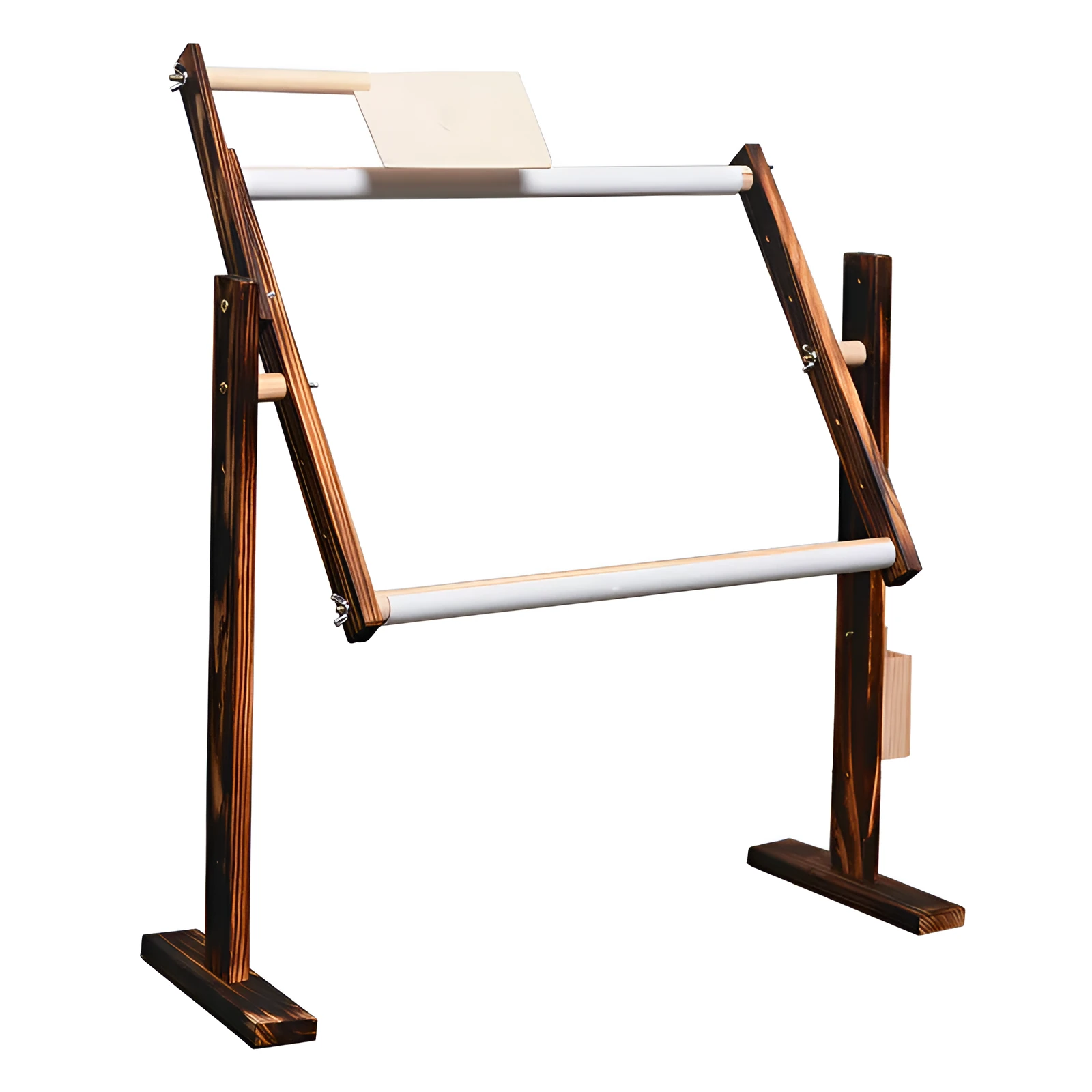 Vertical desktop pine wood cross stitch frame with height adjustment mechanism in natural wood finish