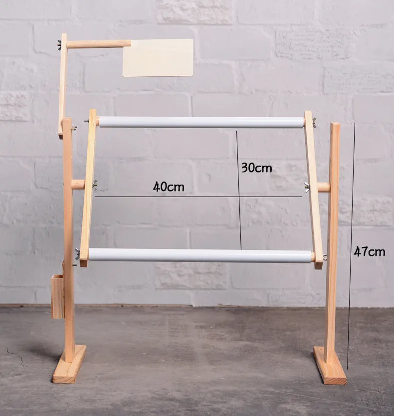Vertical desktop pine wood cross stitch frame with height adjustment mechanism in natural wood finish