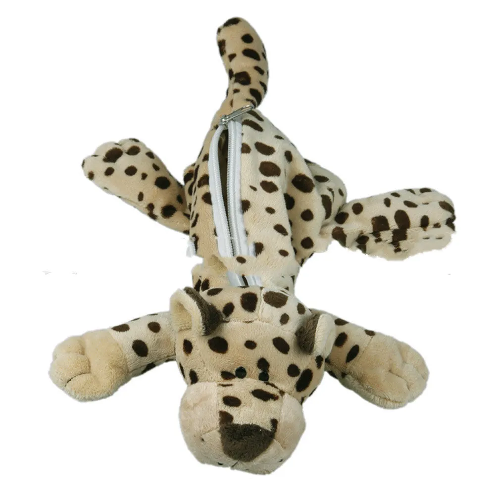 Plush round pencil case with cartoon animal design, shown with zip open.