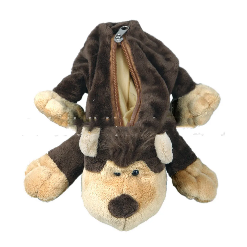 Plush round pencil case with cartoon animal design, shown with zip open.