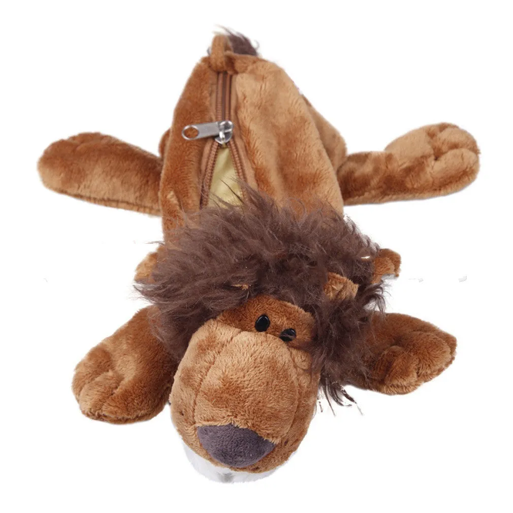 Plush round pencil case with cartoon animal design, shown with zip open.