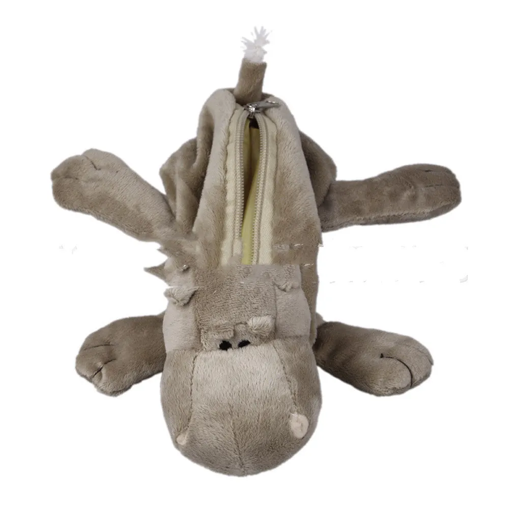 Plush round pencil case with cartoon animal design, shown with zip open.