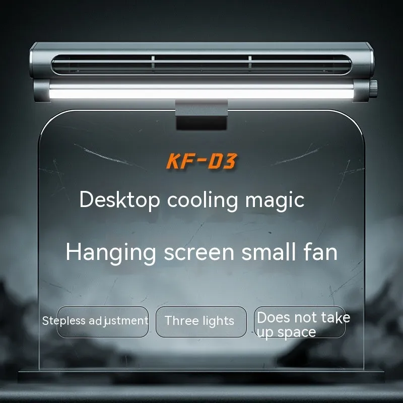 Black USB-powered clip-on bladeless fan with LED light attached to a laptop screen.