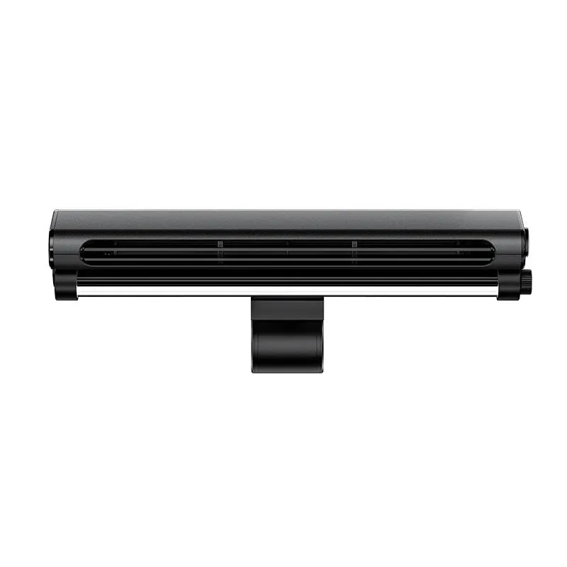 Black USB-powered clip-on bladeless fan with LED light attached to a laptop screen.