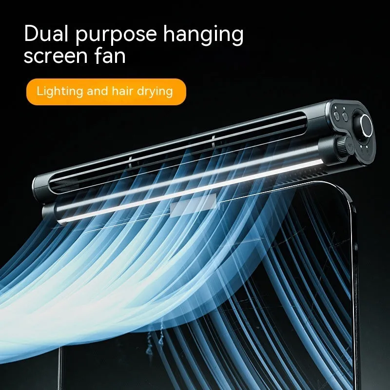 Black USB-powered clip-on bladeless fan with LED light attached to a laptop screen.
