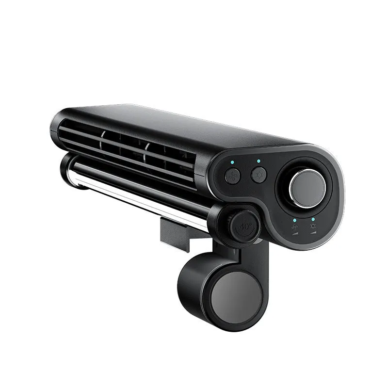 Black USB-powered clip-on bladeless fan with LED light attached to a laptop screen.