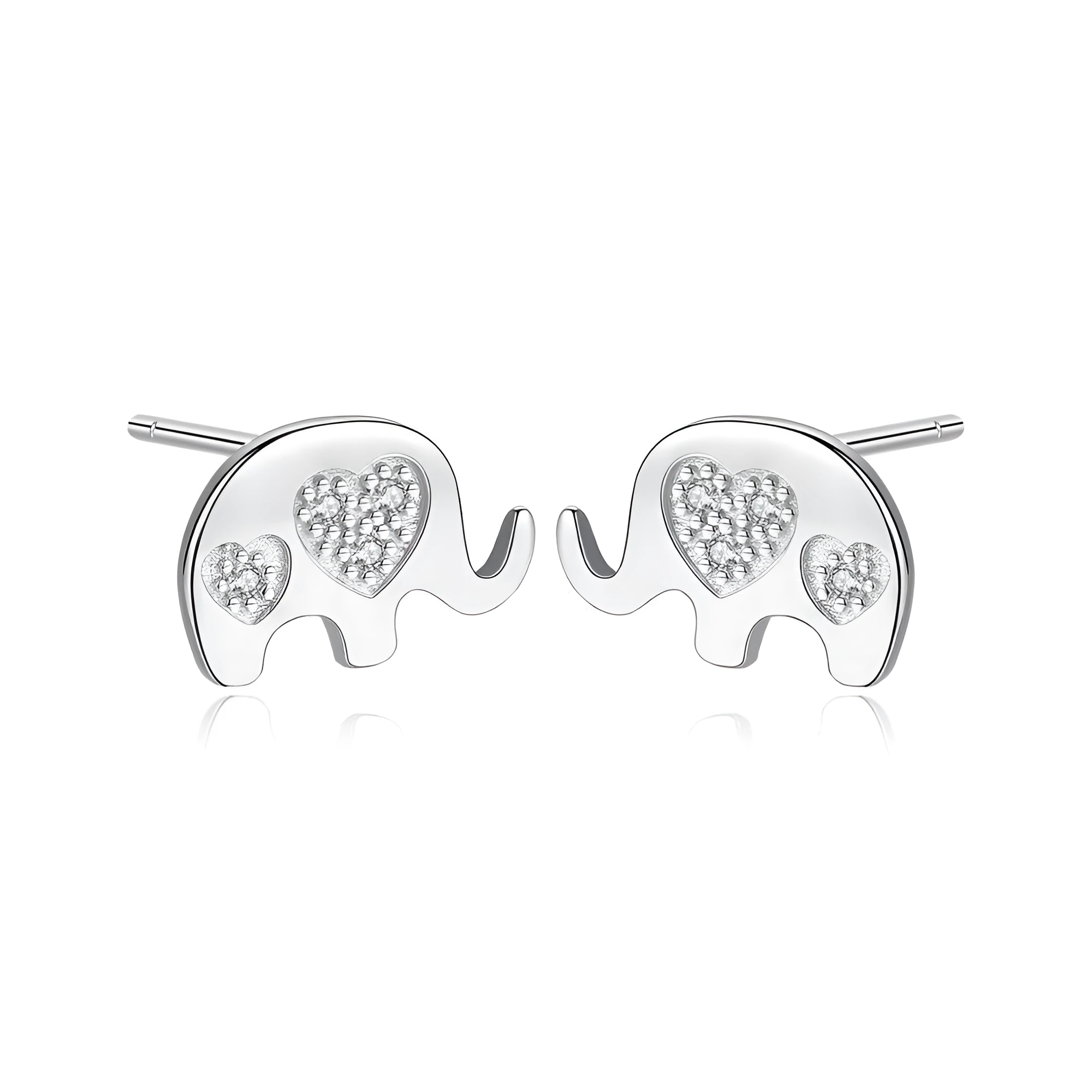 Geometric shaped silver earrings with gem setting, shown in gold and silvery finishes.