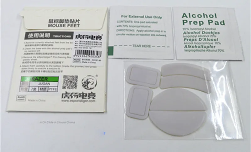 White Razer Juggern arc edge mouse skate replacements for Logitech GPX Superlight and GPW 2 mice with anti-static tweezers.