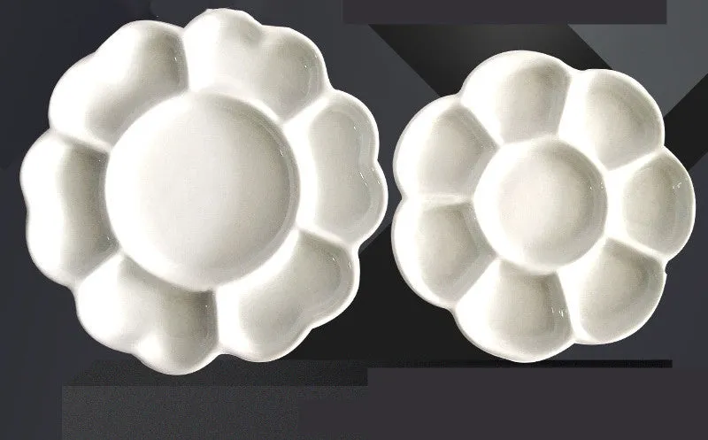 White ceramic painting palette with plum blossom design, shown in 6 inch, 7 inch, and 8 inch size options.