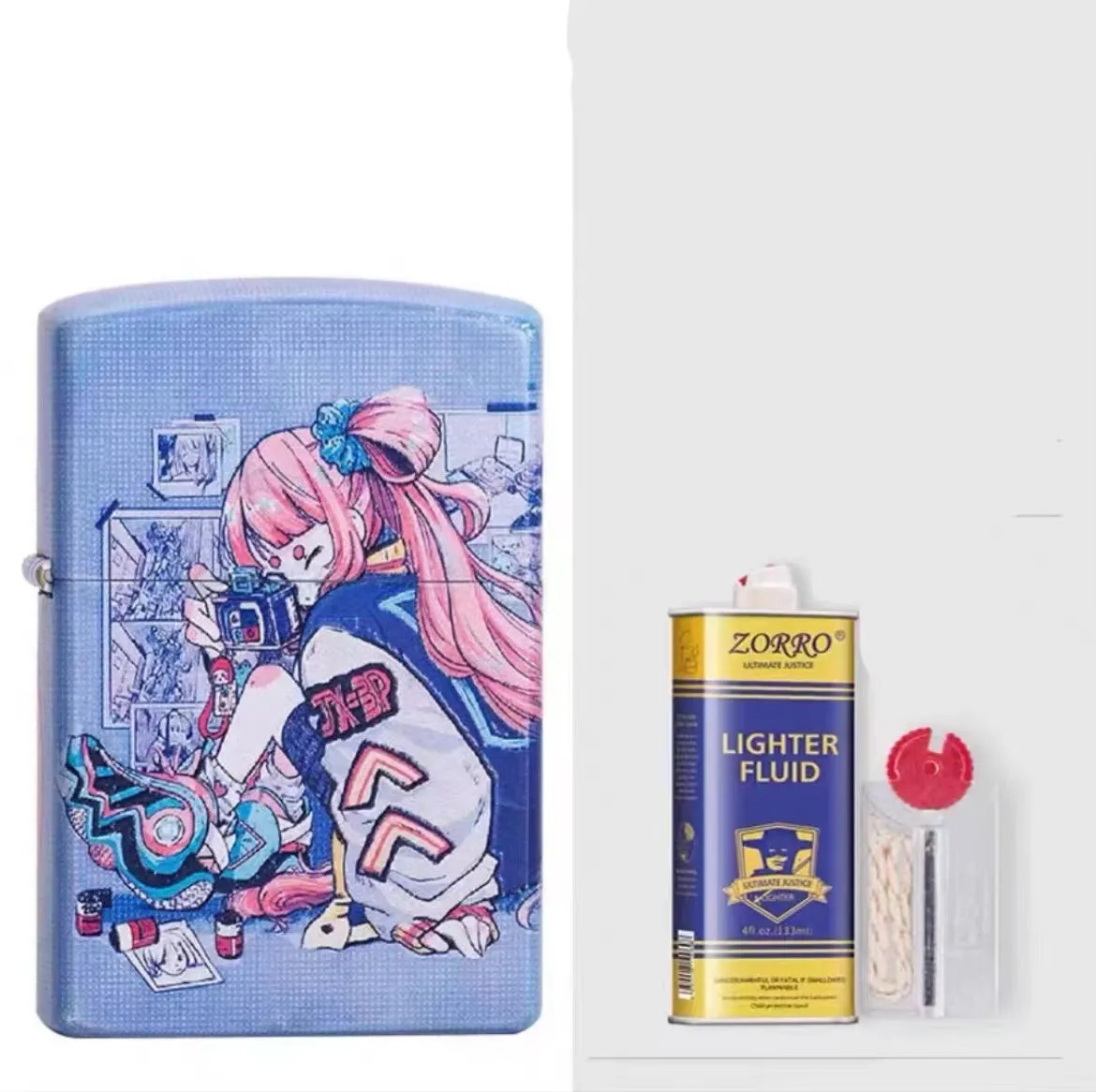 Windproof kerosene lighter with pure copper case and decorative design, showing grinding wheel and storm holes.