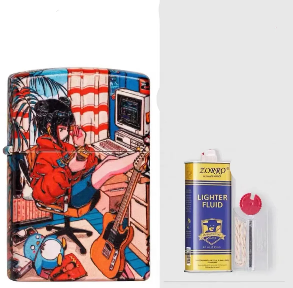 Windproof kerosene lighter with pure copper case and decorative design, showing grinding wheel and storm holes.