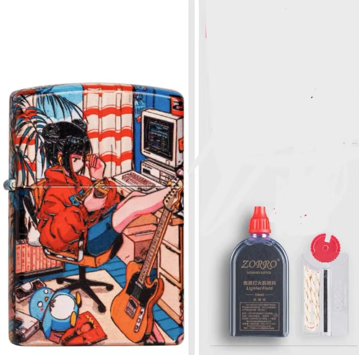 Windproof kerosene lighter with pure copper case and decorative design, showing grinding wheel and storm holes.
