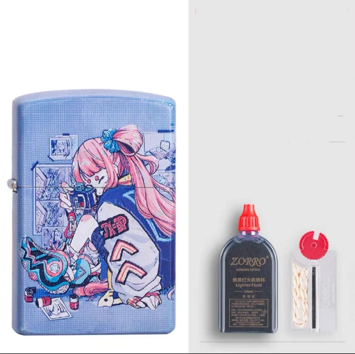 Windproof kerosene lighter with pure copper case and decorative design, showing grinding wheel and storm holes.