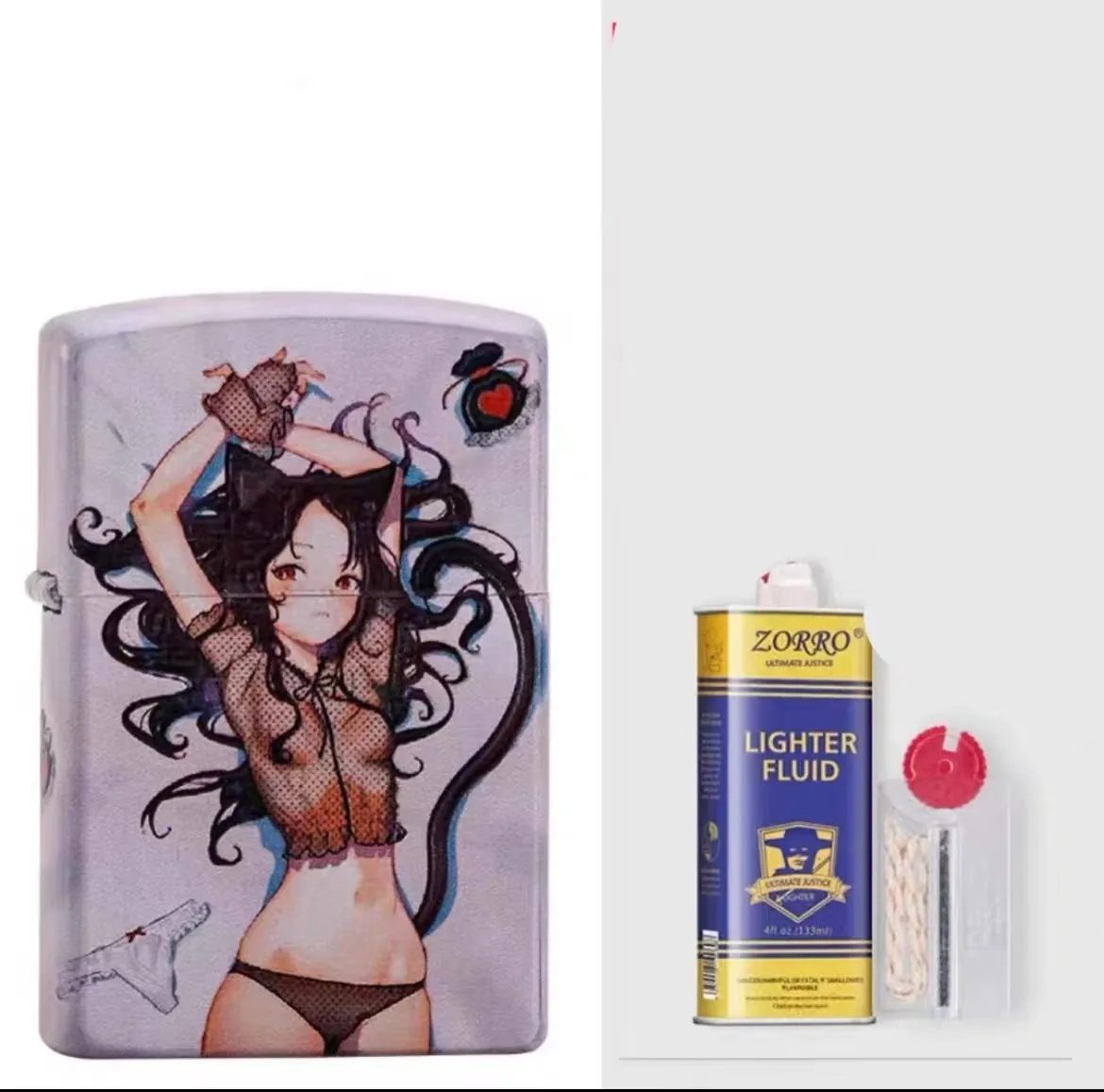 Windproof kerosene lighter with pure copper case and decorative design, showing grinding wheel and storm holes.