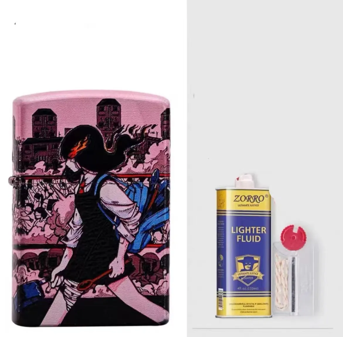 Windproof kerosene lighter with pure copper case and decorative design, showing grinding wheel and storm holes.