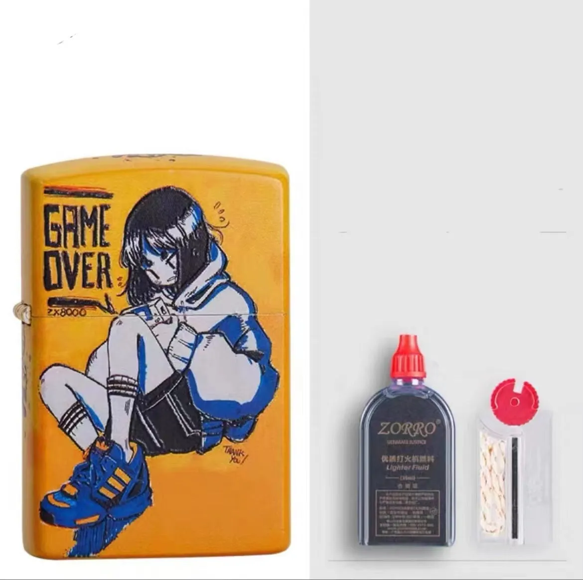 Windproof kerosene lighter with pure copper case and decorative design, showing grinding wheel and storm holes.