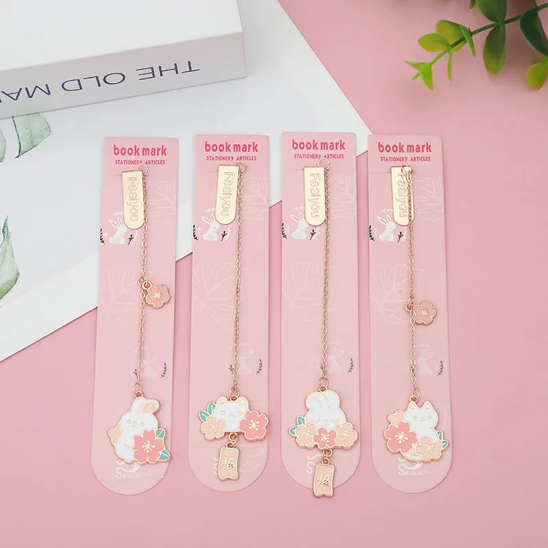 Metal pendant bookmark with cherry blossom cartoon cat design for books and journals