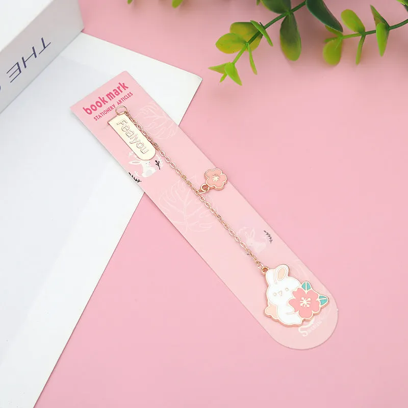 Metal pendant bookmark with cherry blossom cartoon cat design for books and journals