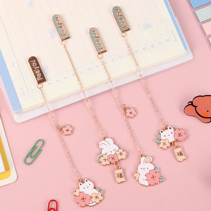 Metal pendant bookmark with cherry blossom cartoon cat design for books and journals