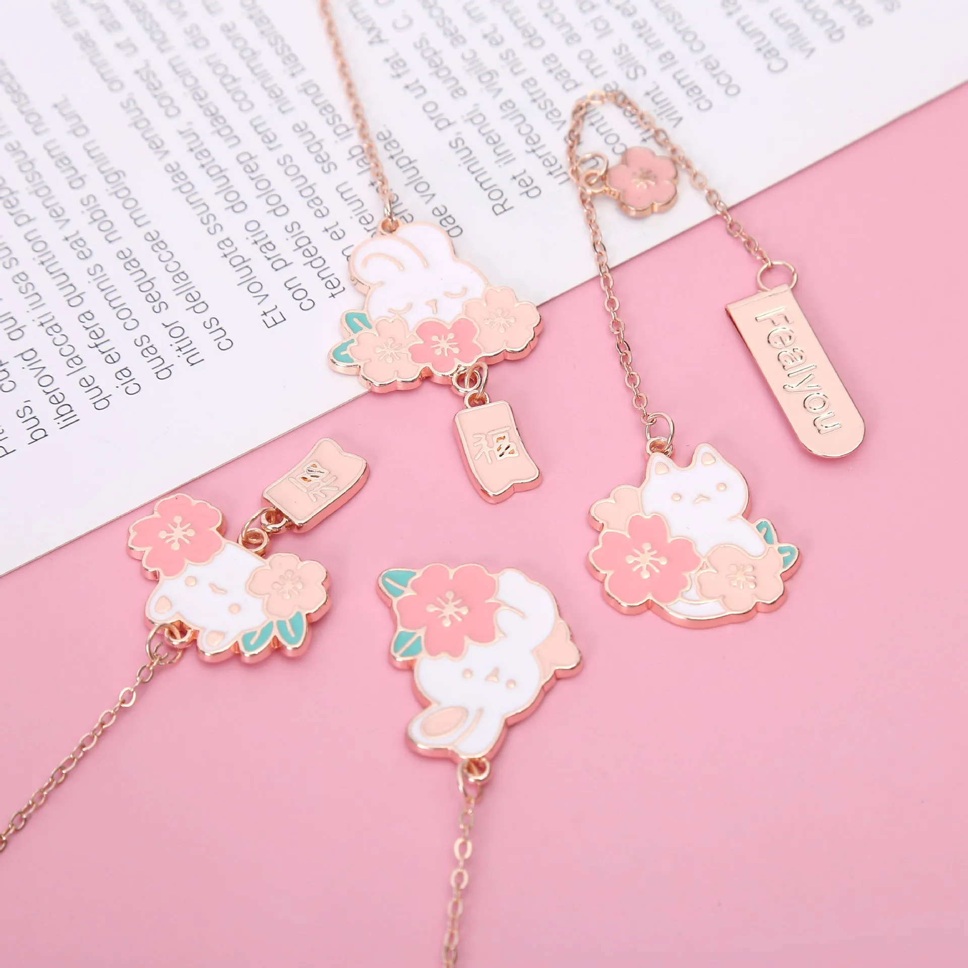 Metal pendant bookmark with cherry blossom cartoon cat design for books and journals