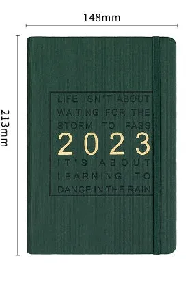 Student almanac notebook with imitation leather cover showing schedule calendar layout and Daolin paper pages