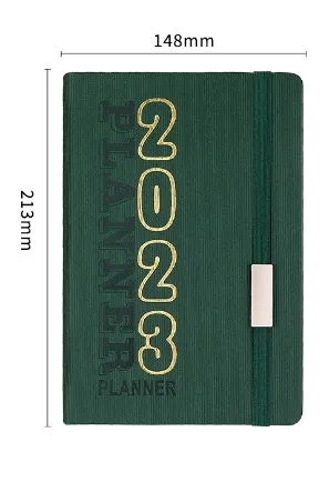 Student almanac notebook with imitation leather cover showing schedule calendar layout and Daolin paper pages