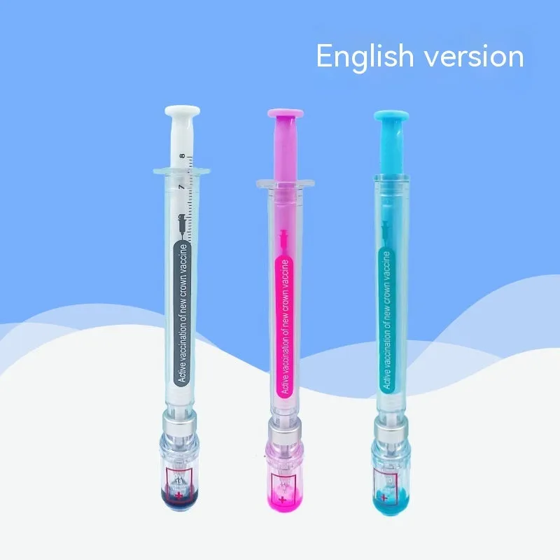 Vaccine design gel pen with plastic construction and 0.5mm black refill