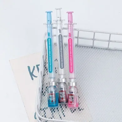 Vaccine design gel pen with plastic construction and 0.5mm black refill