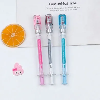 Vaccine design gel pen with plastic construction and 0.5mm black refill