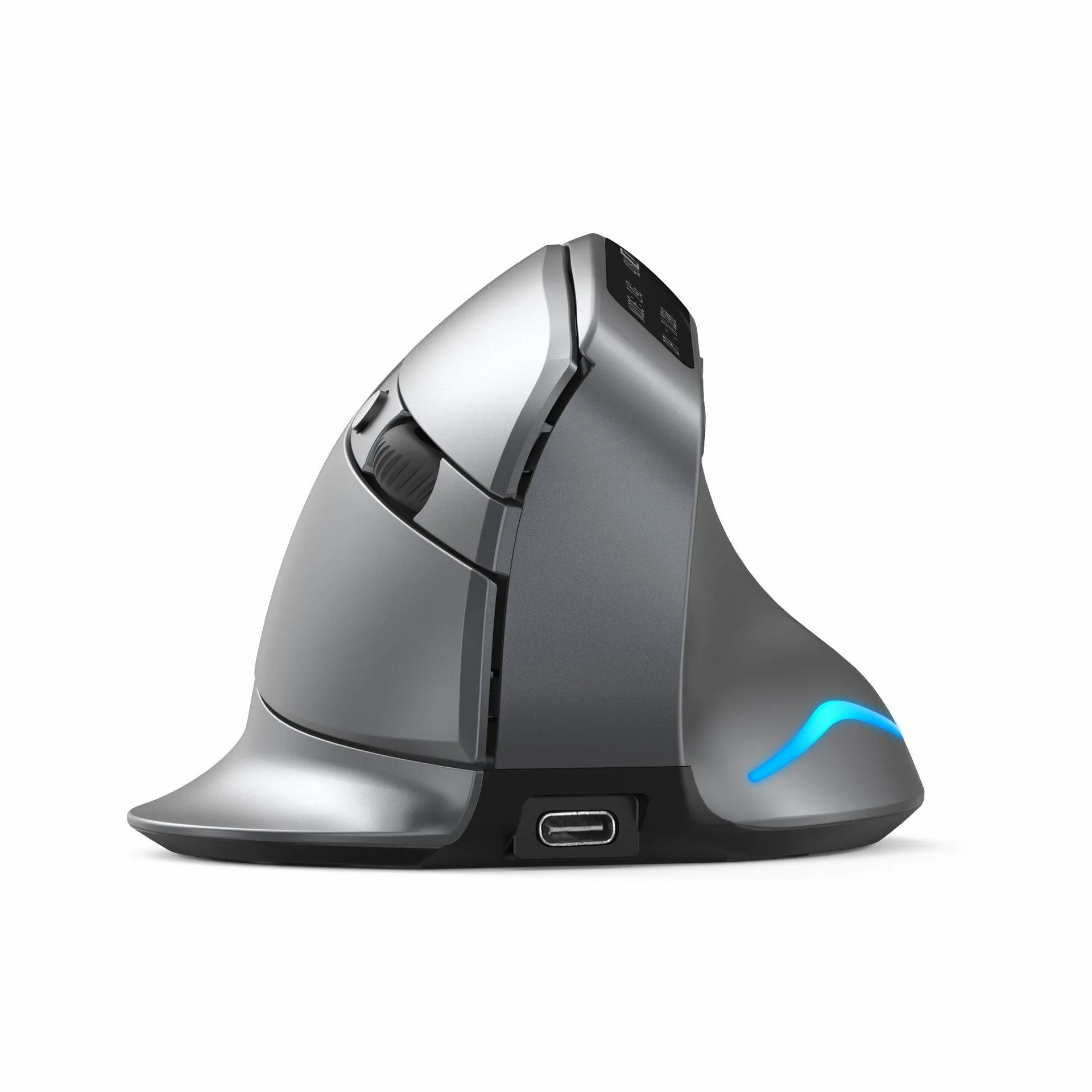Grey vertical ergonomic Bluetooth mouse with USB charging port on a desk.