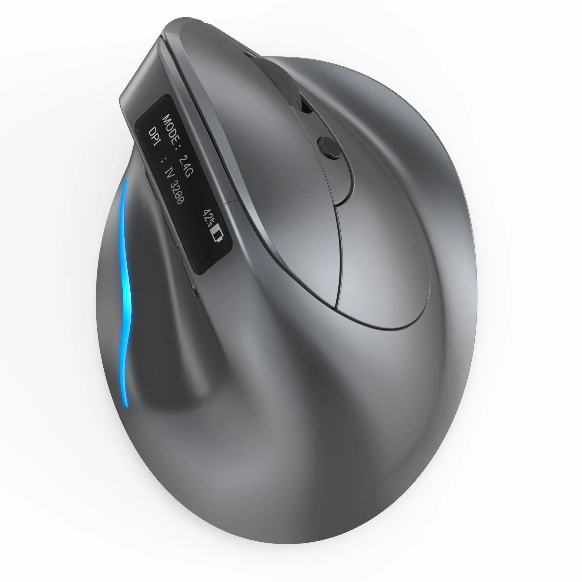Grey vertical ergonomic Bluetooth mouse with USB charging port on a desk.