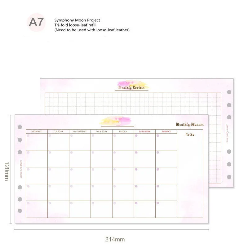 Handbook loose-leaf refill sheets showing floral monthly planner and symphony tri-fold layouts in A5, A6, A7 sizes