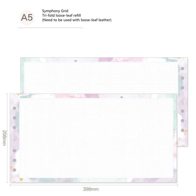 Handbook loose-leaf refill sheets showing floral monthly planner and symphony tri-fold layouts in A5, A6, A7 sizes