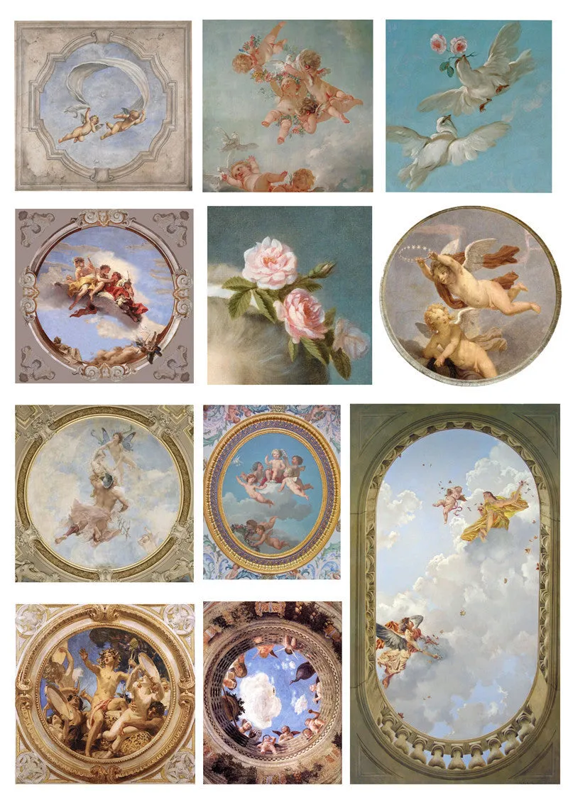 Pack of eleven European angel character sticker sheets showing detailed cherub illustrations in photo colours, each sheet sized between 4 and 9cm.