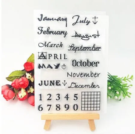 Transparent silicone vintage calendar stamp seal on a white background.