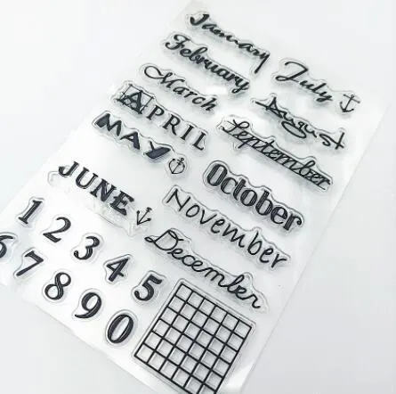 Transparent silicone vintage calendar stamp seal on a white background.