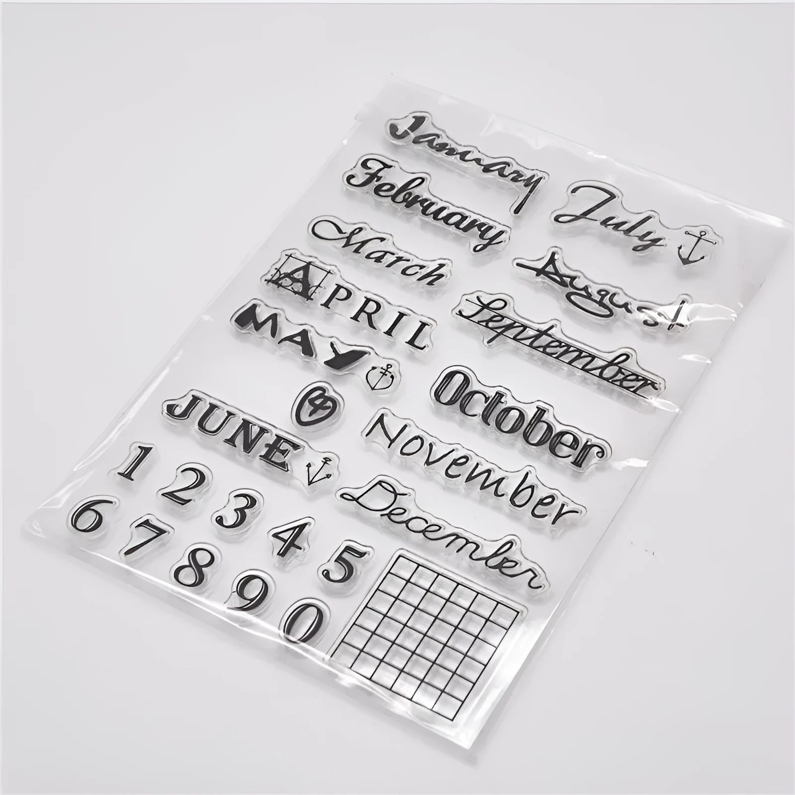 Transparent silicone vintage calendar stamp seal on a white background.