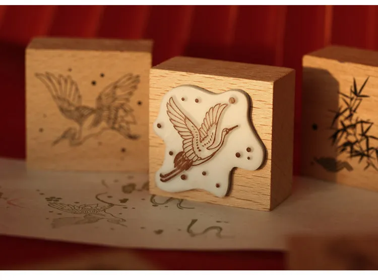 Mr. Paper wooden seal with crane design rubber printing plate for DIY stationery crafting