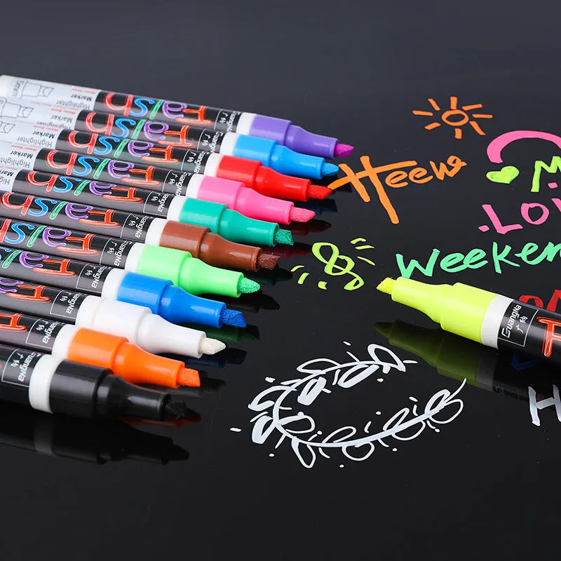6mm electronic fluorescent board highlighter with oblique pen shape and plastic body, shown in an 8-colour or 12-colour set.