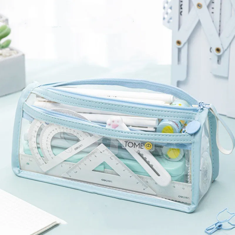 Transparent double-layer pencil case showing internal compartments and stationery organisation