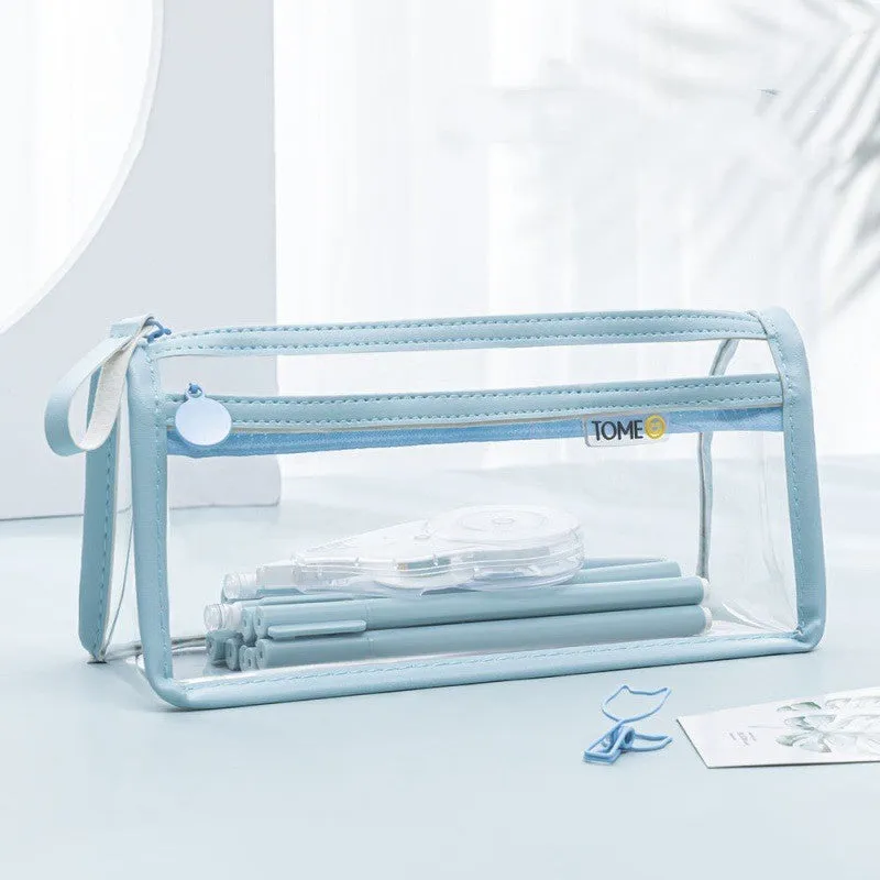 Transparent double-layer pencil case showing internal compartments and stationery organisation