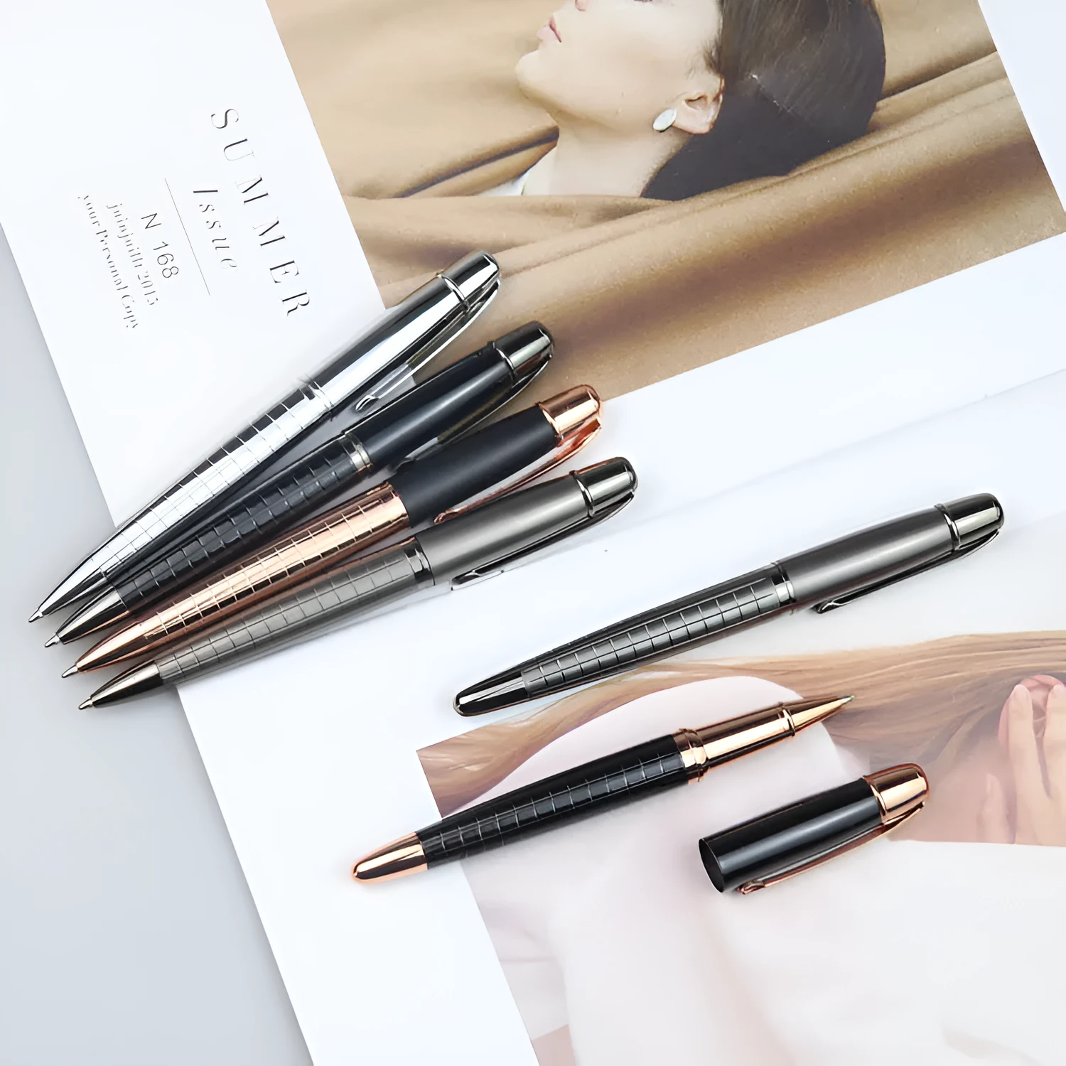 Gun grey metal rollerball pen for office use, shown with refillable ink cartridge options.