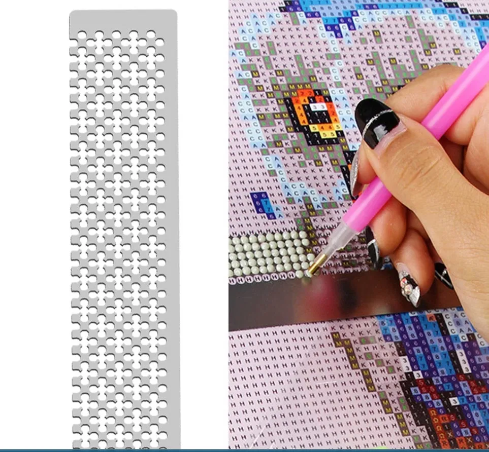 Stainless steel diamond painting grid ruler for aligning round or square drills on canvas.