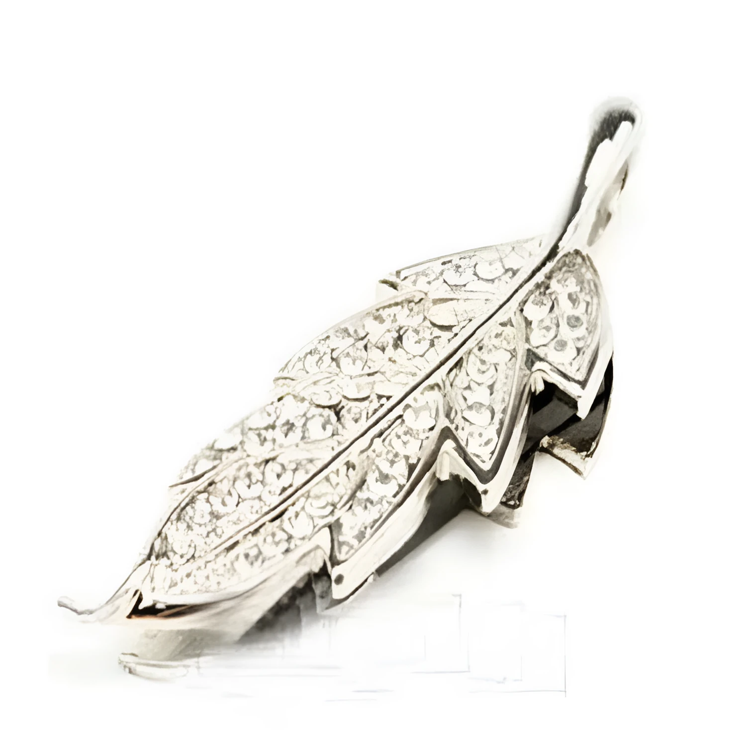 Silver metal leaf crystal design USB flash drive on white background showing dimensions
